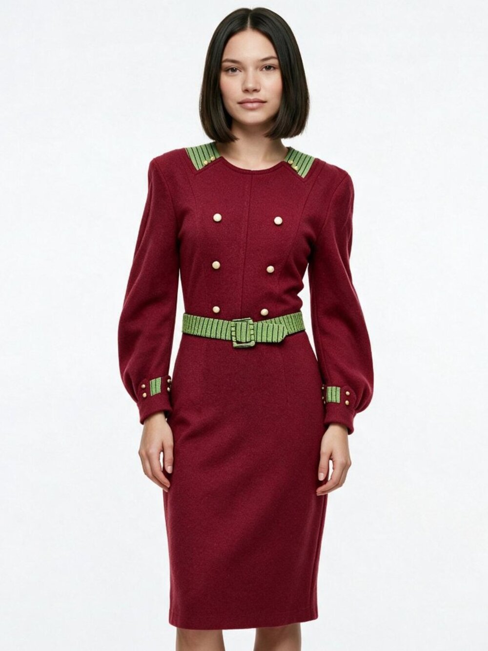RARE Tatyana Burgundy / Maroon Pinup Wiggle Midi Dress w/ Gold Buttons incl Belt